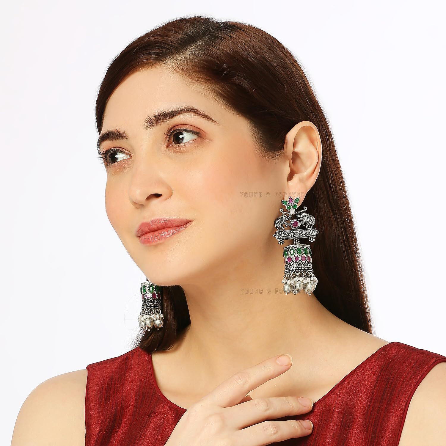 Young & Forever Rakhi Gift for Sister Traditional Fashion Goodluck Elephant Jhumkas Womens Hypoallergenic Silver Black Brass Multicolor Pink Green Stone Pearl Jhumka Boho Dangler Earrings for Women