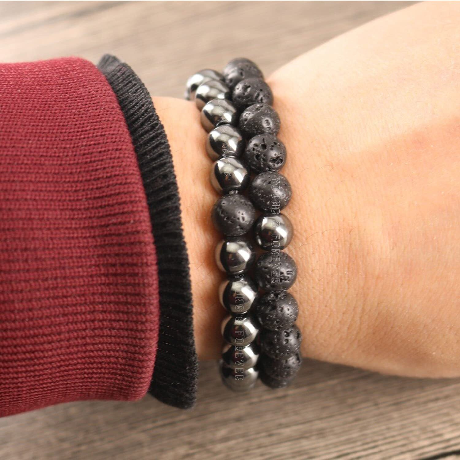 Young & Forever Gift Rakhi Gift for Brother Mens Beaded Bracelets Lava Rock Stone Beads for Women Anxiety Volcanic Lava Bracelet Long Distance Relationships Hematite Couples Bracelets Set of 2 Gift