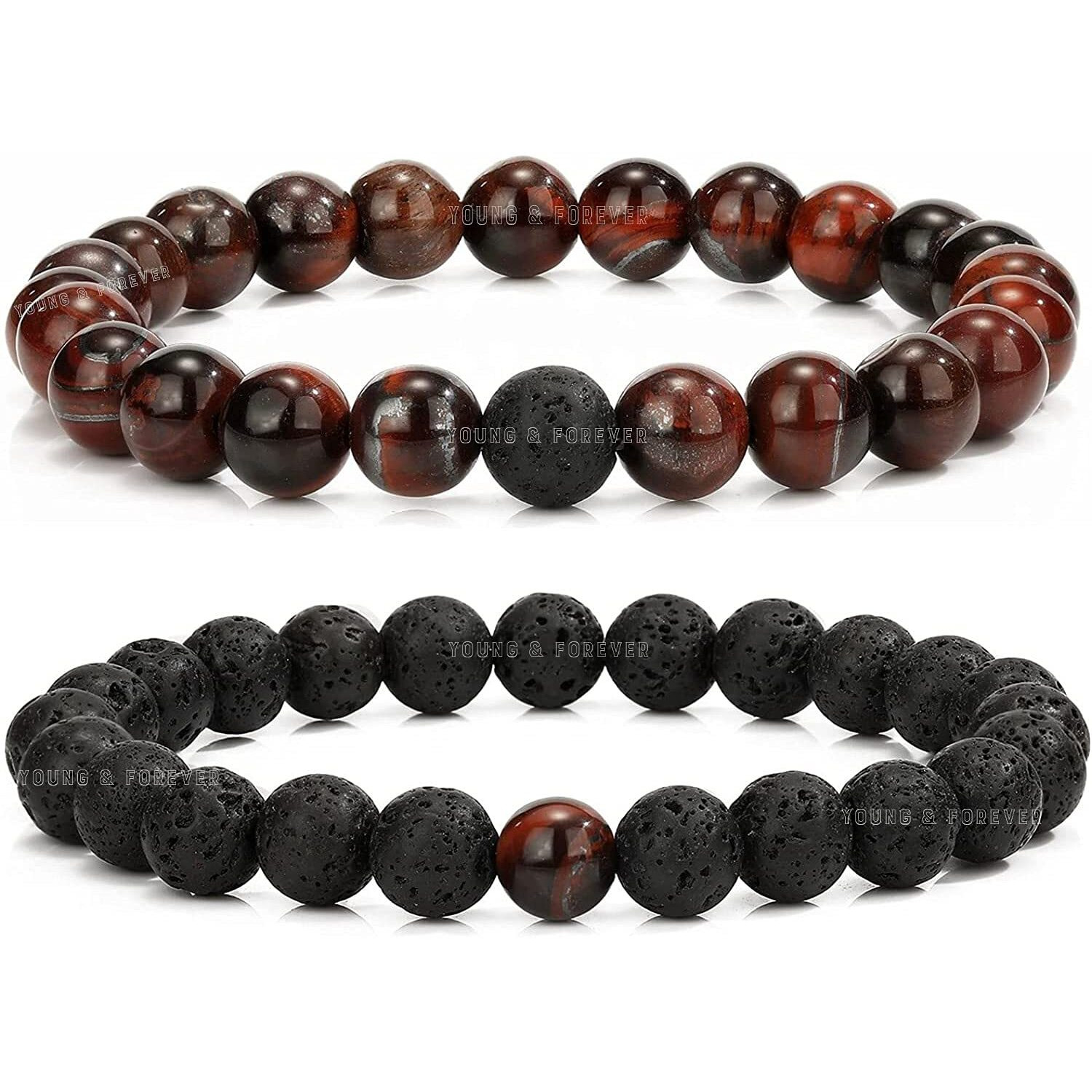 Young & Forever Gift Rakhi for Brother Mens Beaded Bracelets Lava Rock Stone Beads for Women Anxiety Volcanic Lava Bracelet Long Distance Relationships Red Tiger Eye Couples Bracelets Set of 2 Gift