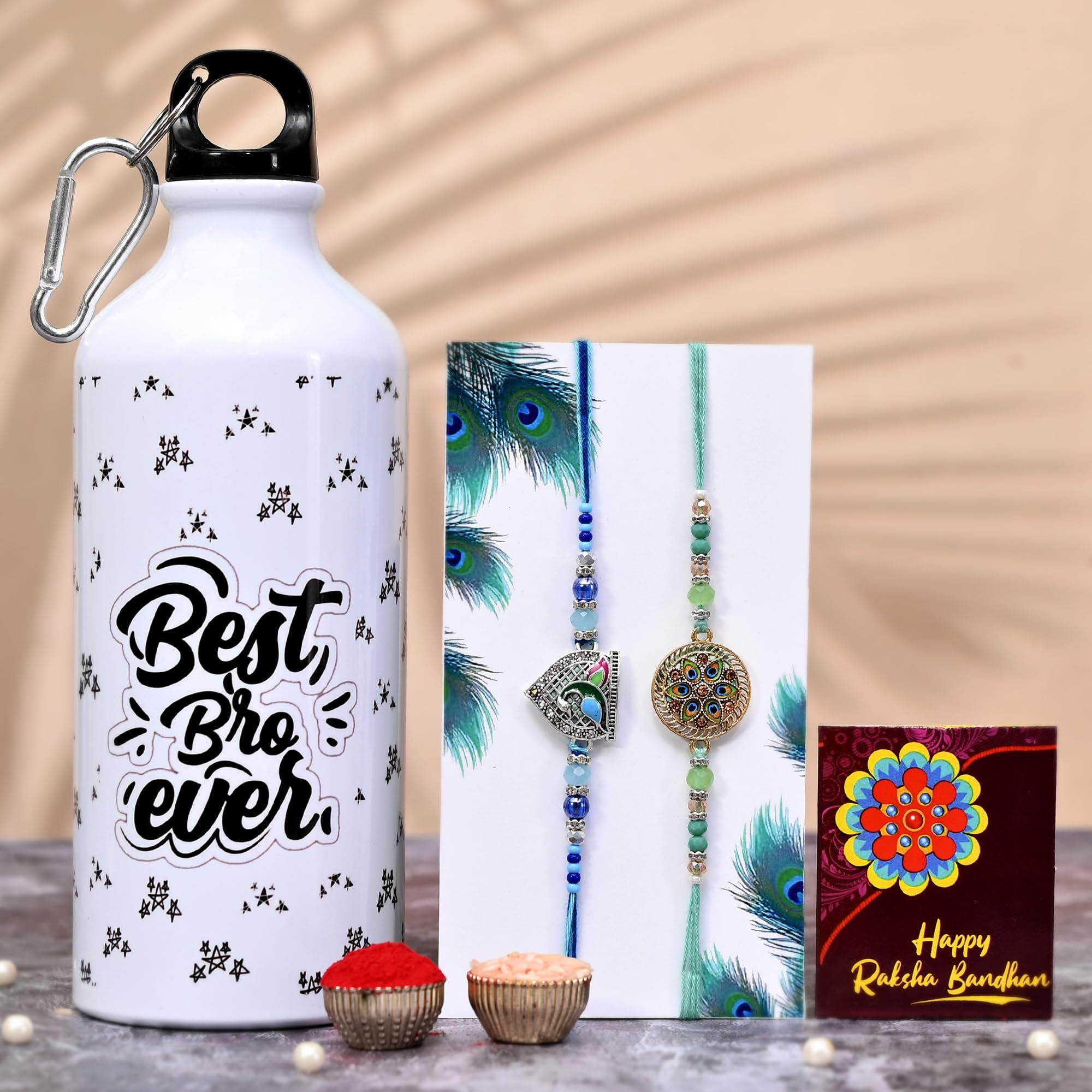 TONKWALAS Rakhi For Brother,2 Rakhi With Printed Sipper and Keychain Combo Set | 600 Ml Sipper with Keychain I Tilak Set and Greeting Card | Best Rakhi Gift For Brother (KSIP-2-C3-C6)