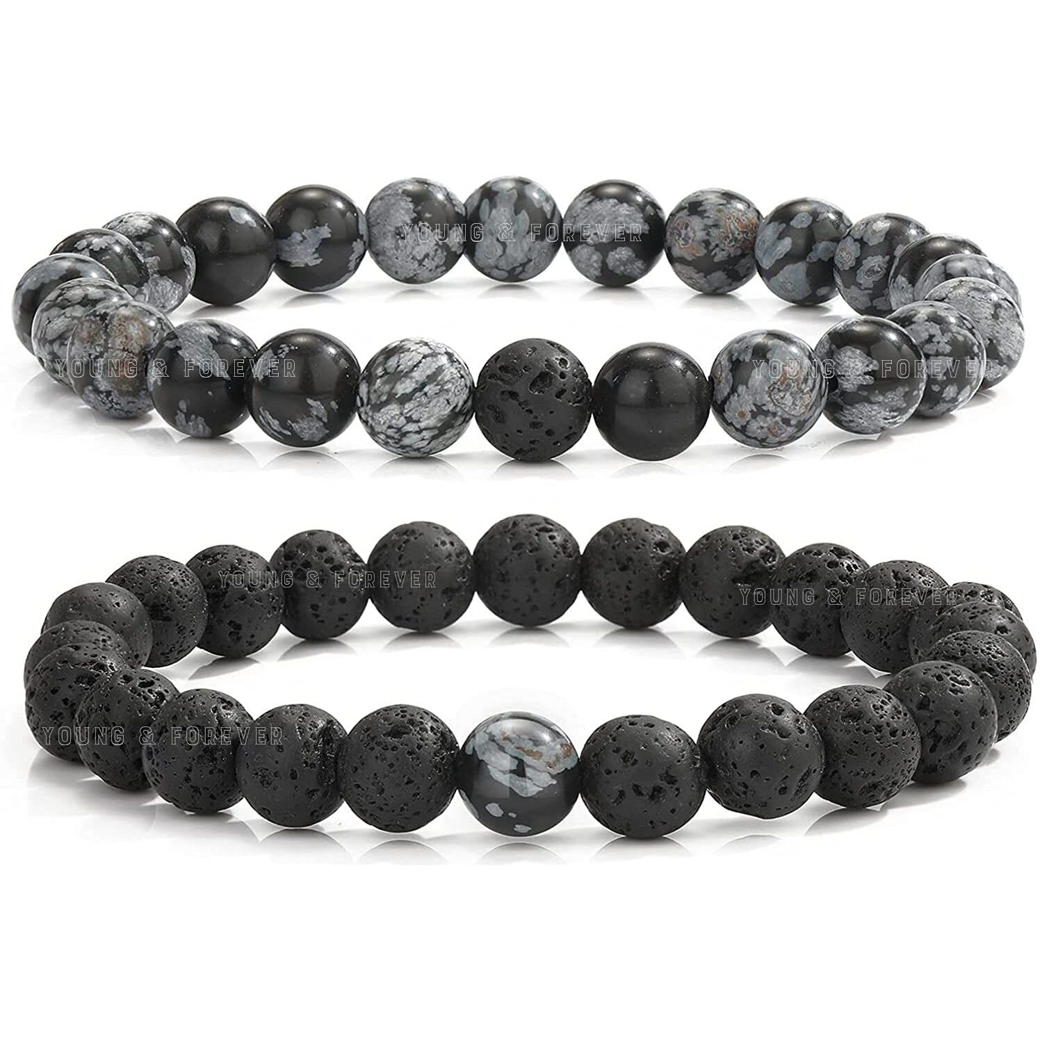 Young & Forever Gift Valentine Gift Rakhi Gift For Brother Mens Beaded Bracelets Lava Rock Stone Beads For Women Anxiety Volcanic Lava Bracelet Long Distance Relationships Snowflake Obsidian Set Of 2