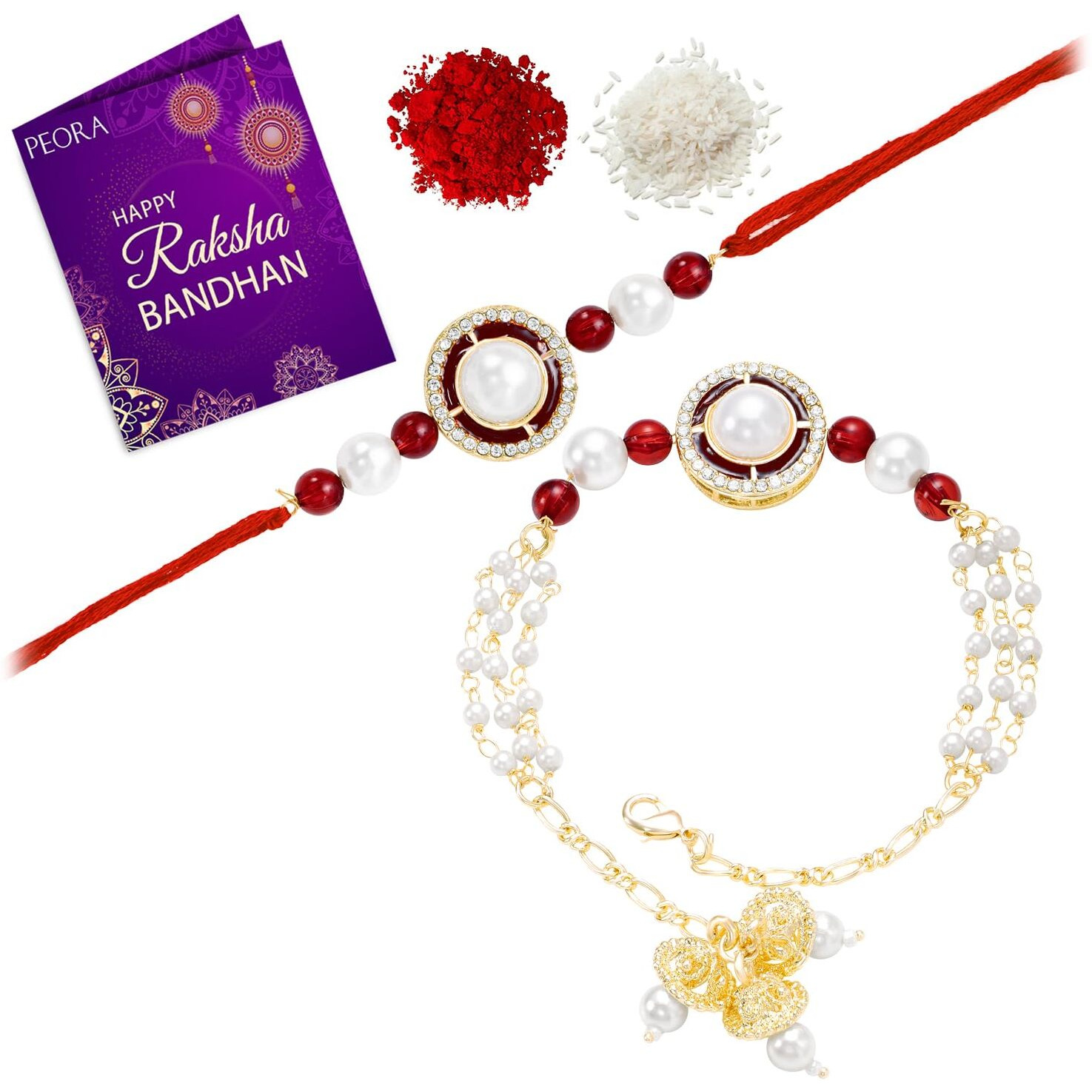 Peora Traditional Legacy of Rakshabandhan with Pearl Rakhi for Bhaiya Bhabhi, for Brother & Sister in Law, Maroon