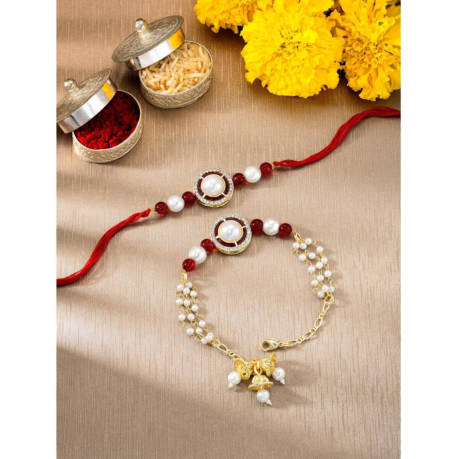 Peora Traditional Legacy of Rakshabandhan with Pearl Rakhi for Bhaiya Bhabhi, for Brother & Sister in Law, Maroon