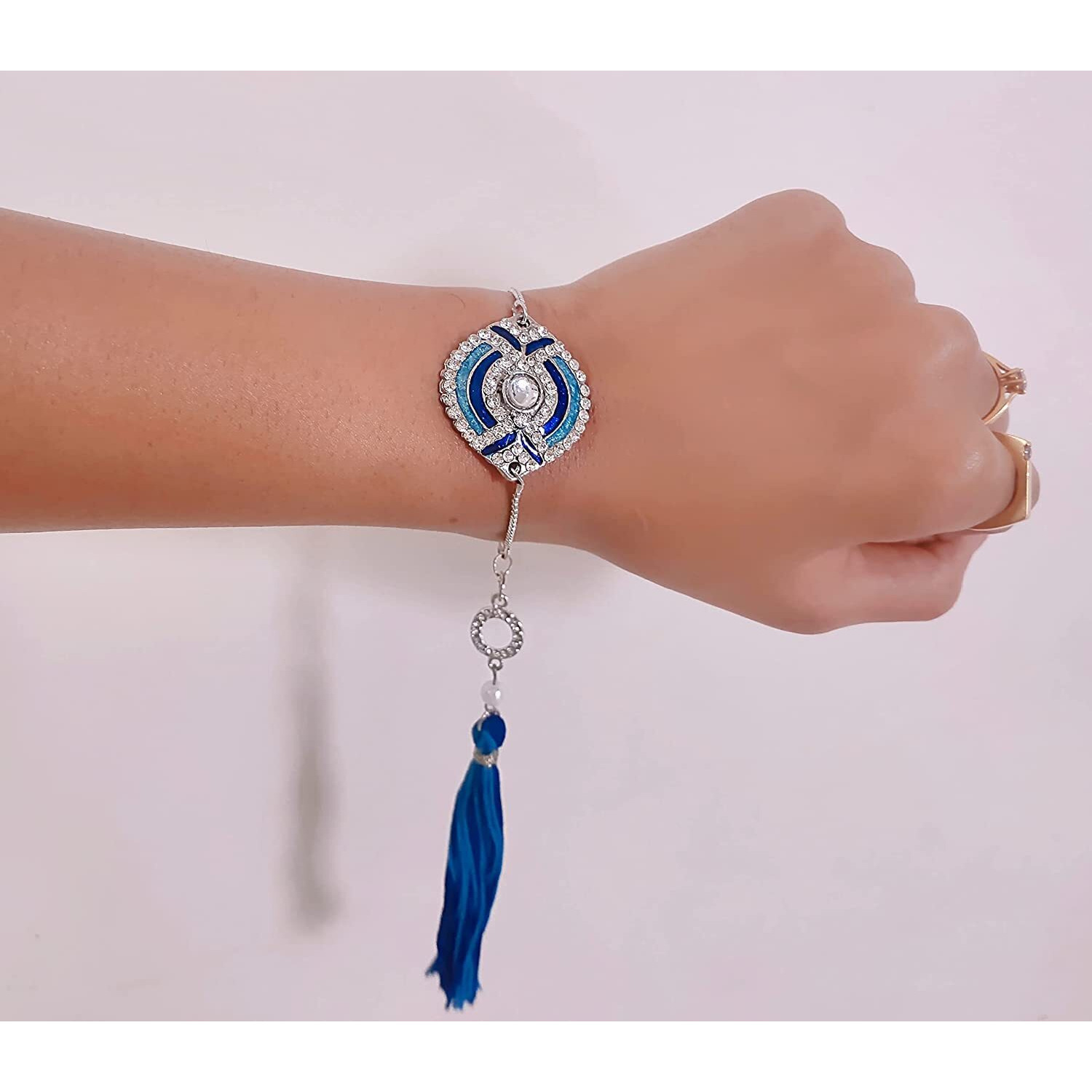 Mahi Blue Meena Work Enamel Lumba Rakhi for Bhabhi with Crystals Tassel (RAL1100673R)