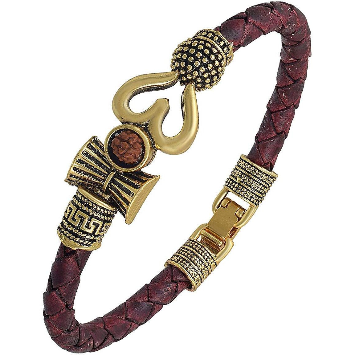 VR Creatives Trishul Damru Om Rudraksha Beads Silver Plated Mahakal Shiva Genuine Leather Bracelet Brown Dyed Rope Wrist Band/Belt Bahubali Kada Bracelet Rakhi Gift For Brother For Unisex Adult