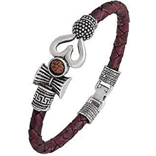 VR Creatives Trishul Damru Om Rudraksha Beads Silver Plated Mahakal Shiva Genuine Leather Bracelet Brown Dyed Rope Wrist Band/Belt Bahubali Kada Bracelet Rakhi Gift For Brother For Unisex Adult