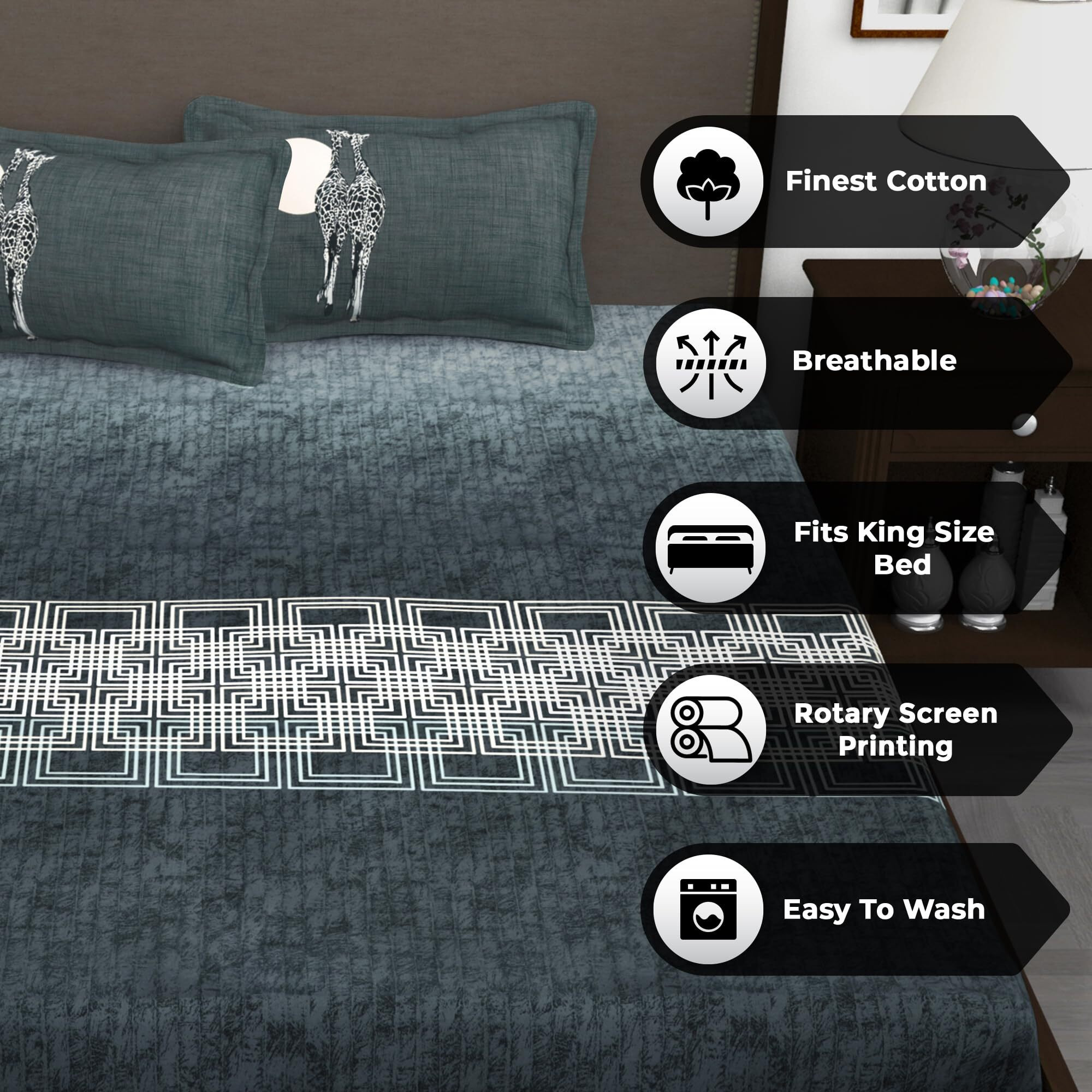 Story@Home 240 TC 100% Cotton King Size Bedsheet with 2 Pillow Cover (Grey)- Gifting Item for Rakhi, RakshaBandan