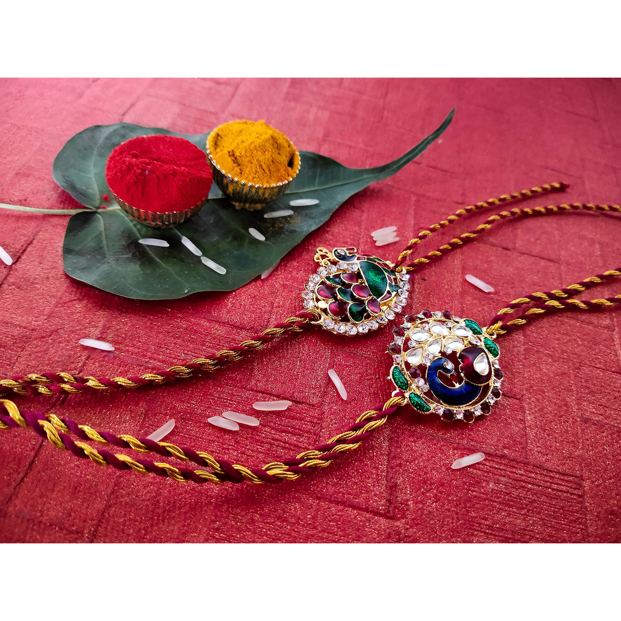 Mahi Combo of Gold Alloy Charming 2 Rakhi with Meenakari Work Bracelet for Men and Women