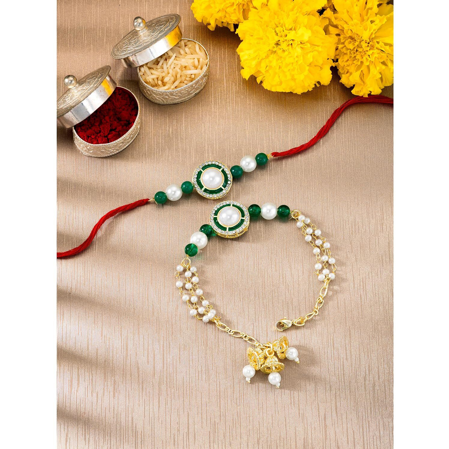 Peora Traditional Legacy of Rakshabandhan with Pearl Rakhi for Bhaiya Bhabhi, for Brother & Sister in Law, Green