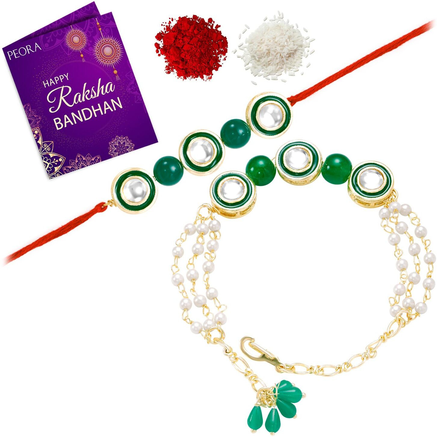 Peora Traditional Legacy of Rakshabandhan with Kundan Rakhi for Bhaiya Bhabhi, for Brother & Sister in Law, Green Set of 2