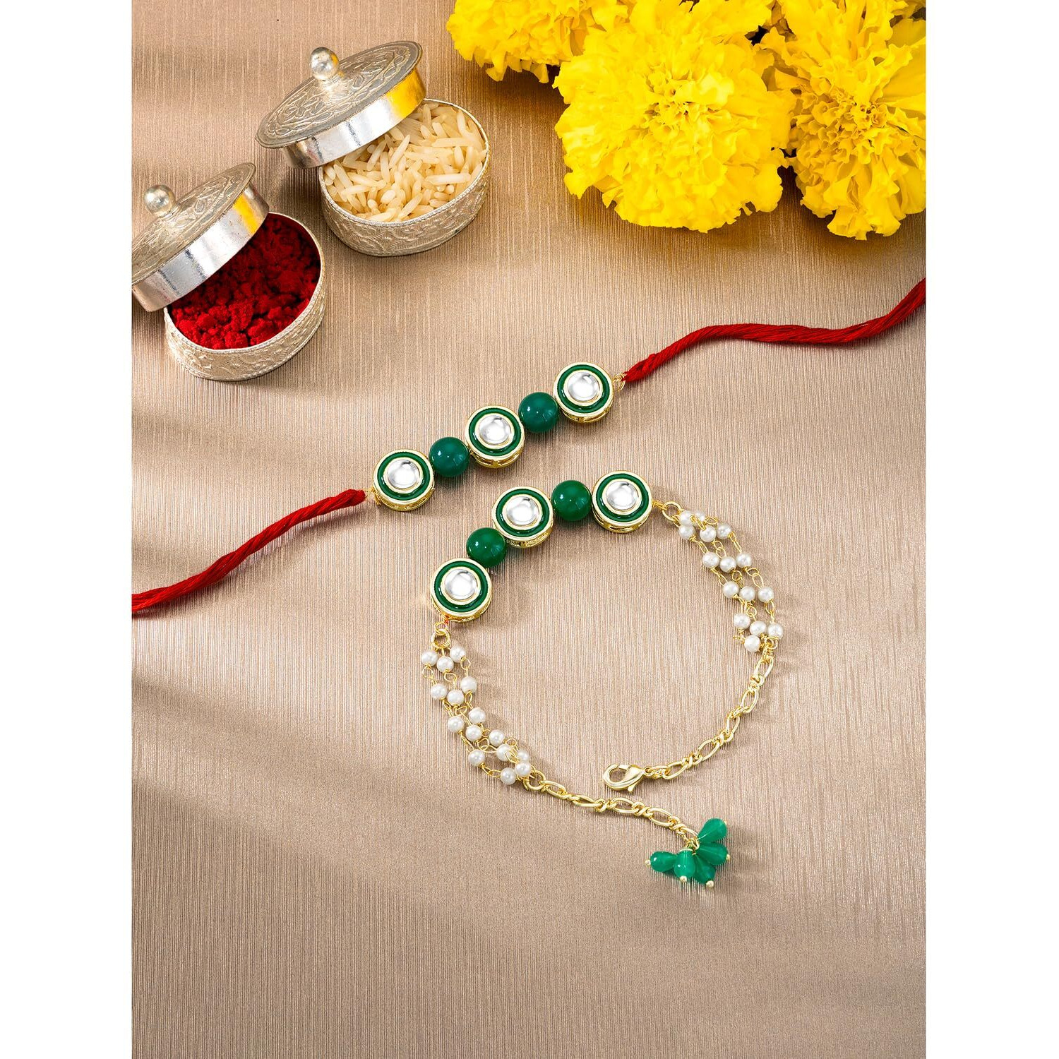 Peora Traditional Legacy of Rakshabandhan with Kundan Rakhi for Bhaiya Bhabhi, for Brother & Sister in Law, Green Set of 2