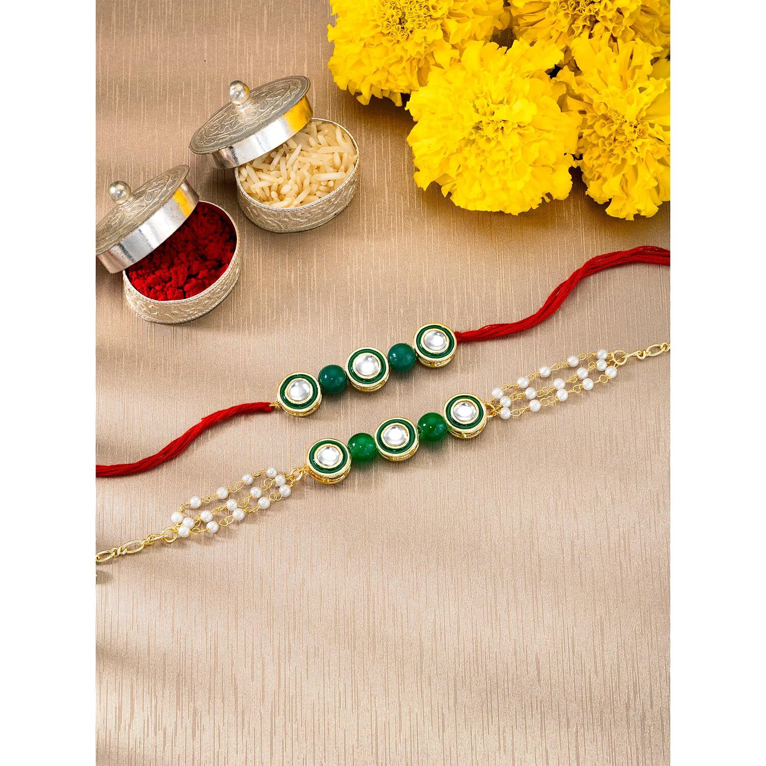 Peora Traditional Legacy of Rakshabandhan with Kundan Rakhi for Bhaiya Bhabhi, for Brother & Sister in Law, Green Set of 2