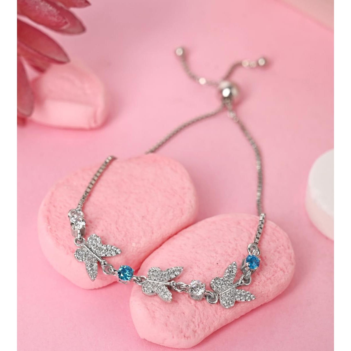 Clara 925 Pure Silver Blue Butterfly Hand Bracelet, Rakhi for Bhabhi | Adjustable, Anti Tarnish, Swiss Zirconia | Gift for Women and Girls