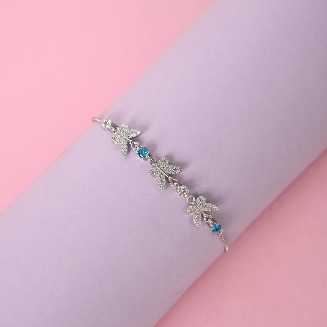 Clara 925 Pure Silver Blue Butterfly Hand Bracelet, Rakhi for Bhabhi | Adjustable, Anti Tarnish, Swiss Zirconia | Gift for Women and Girls