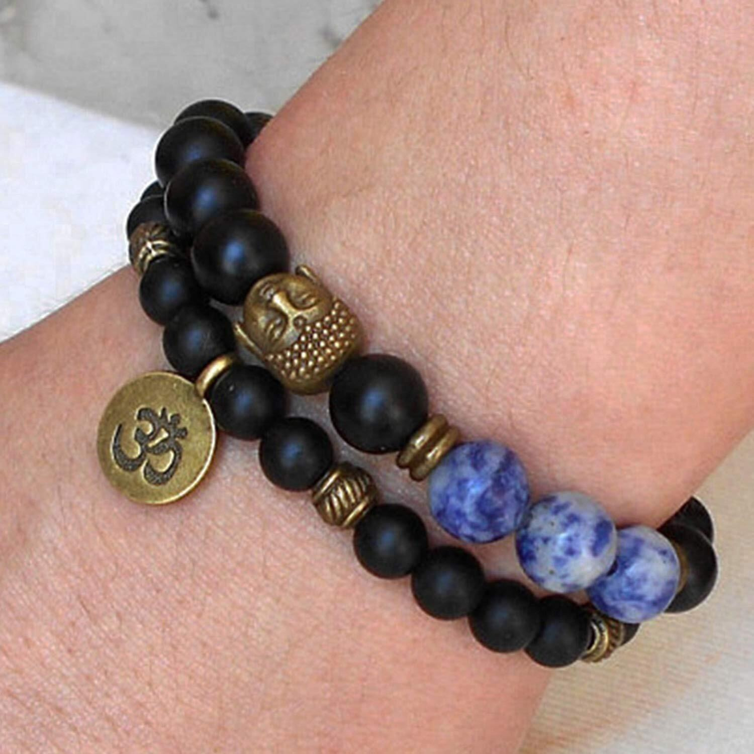 Young & Forever Gift Onyx Sodalite Strand Rakhi Bracelet Natural Stones Gold Plated Multistrand Rakhi Bracelet for Men and Women (Black), Set of 2