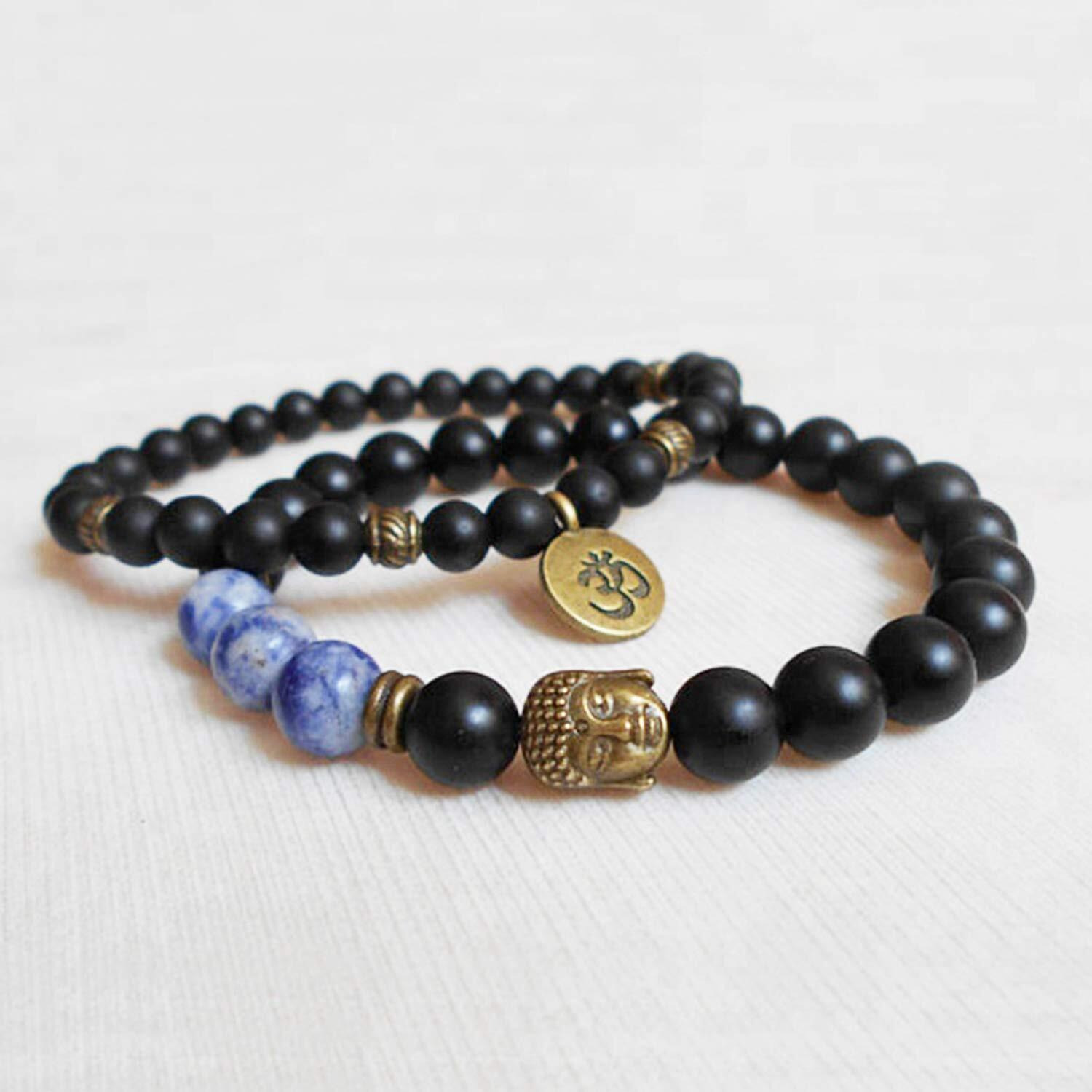 Young & Forever Gift Onyx Sodalite Strand Rakhi Bracelet Natural Stones Gold Plated Multistrand Rakhi Bracelet for Men and Women (Black), Set of 2