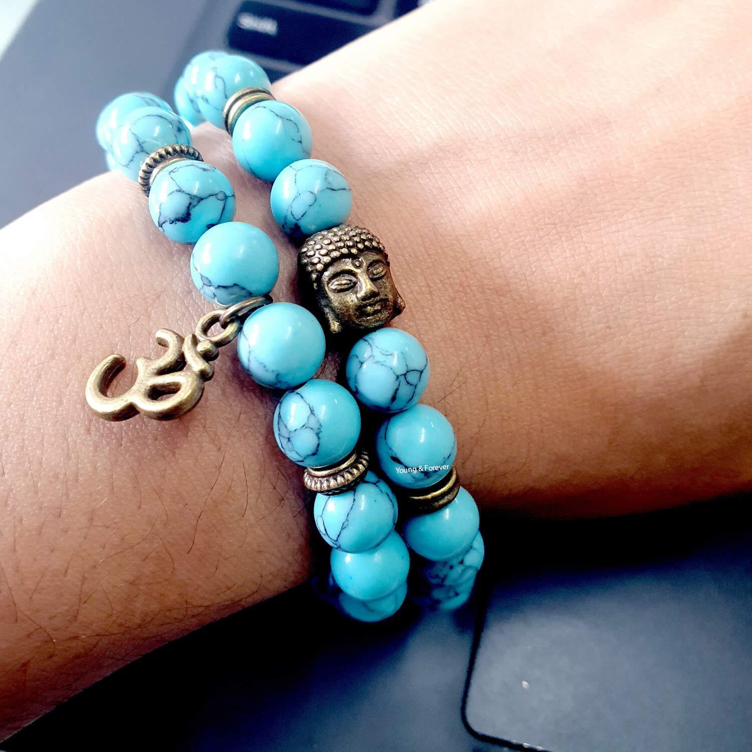 Young & Forever Gift DVine Turquoise Om Charm Buddha Beads Wrap Rakhi Bracelet for Men and Women