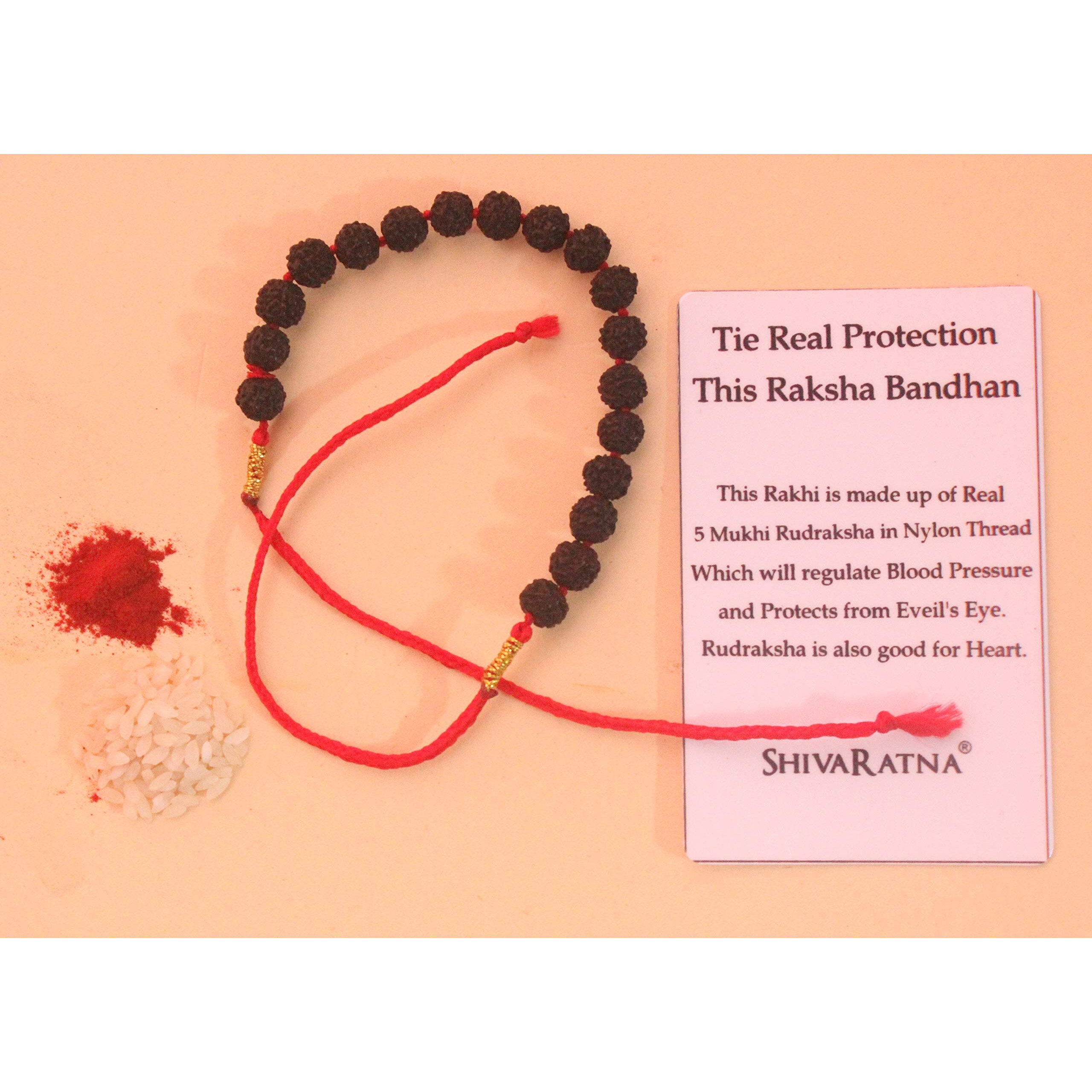 SHIVARATNA Rudraksha and Nylon Thread Rakhi with Roli and Chawal Tilak