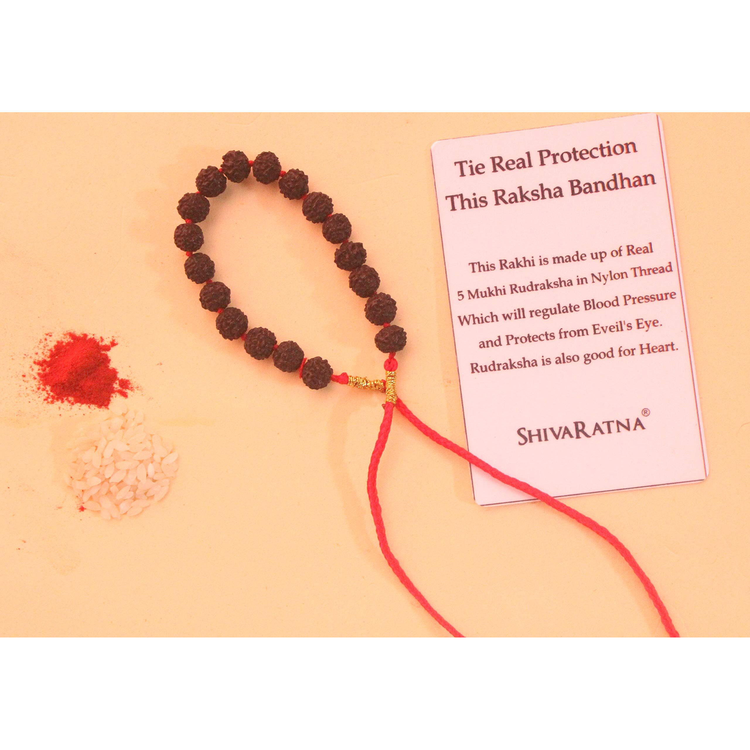 SHIVARATNA Rudraksha and Nylon Thread Rakhi with Roli and Chawal Tilak