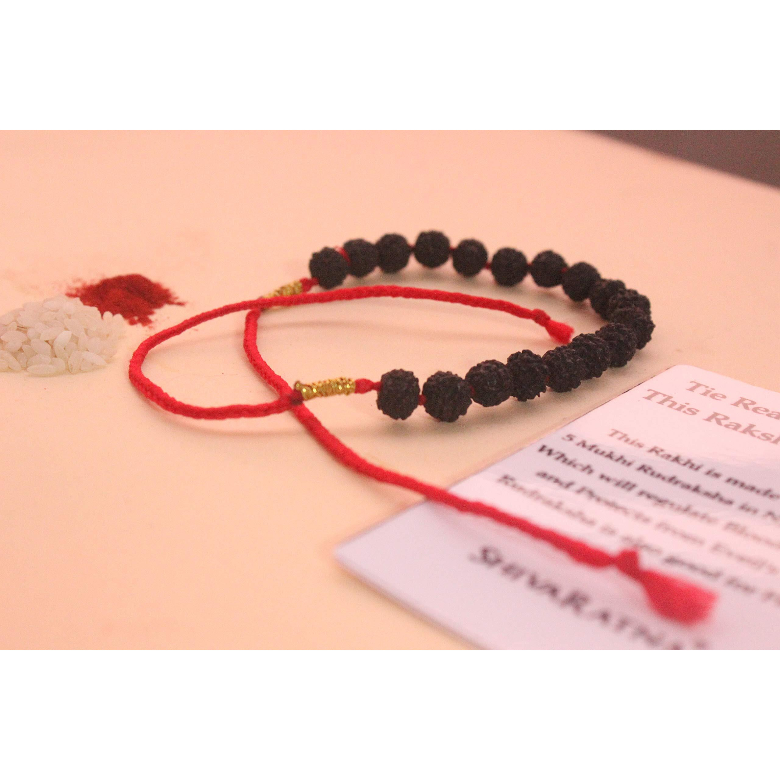 SHIVARATNA Rudraksha and Nylon Thread Rakhi with Roli and Chawal Tilak