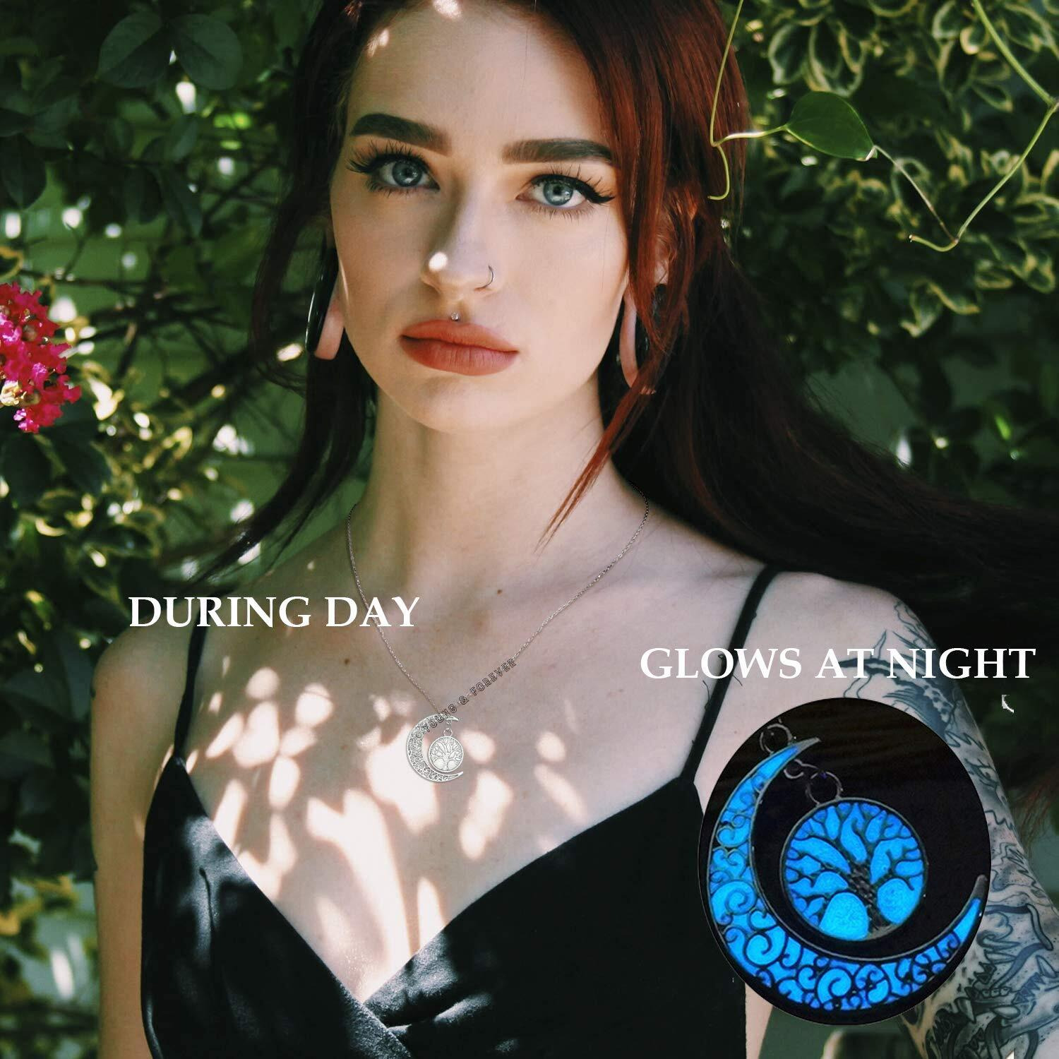 Young & Forever Gift Rakhi Gift Friendship Day Gifts Special Trendsetter Blue Glow-in-The-Dark Enchanting Moon Pendant for Women Delicate Silver Plated Chain Tree of Life Necklace for Girls