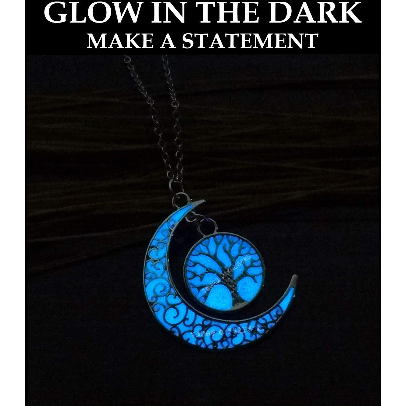 Young & Forever Gift Rakhi Gift Friendship Day Gifts Special Trendsetter Blue Glow-in-The-Dark Enchanting Moon Pendant for Women Delicate Silver Plated Chain Tree of Life Necklace for Girls