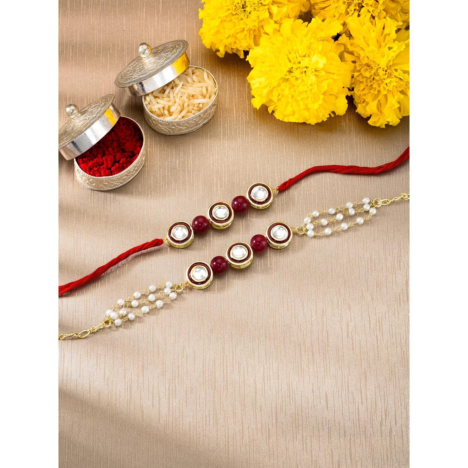 Peora Traditional Legacy of Rakshabandhan with Kundan Rakhi for Bhaiya Bhabhi, for Brother & Sister in Law, Maroon Set of 2