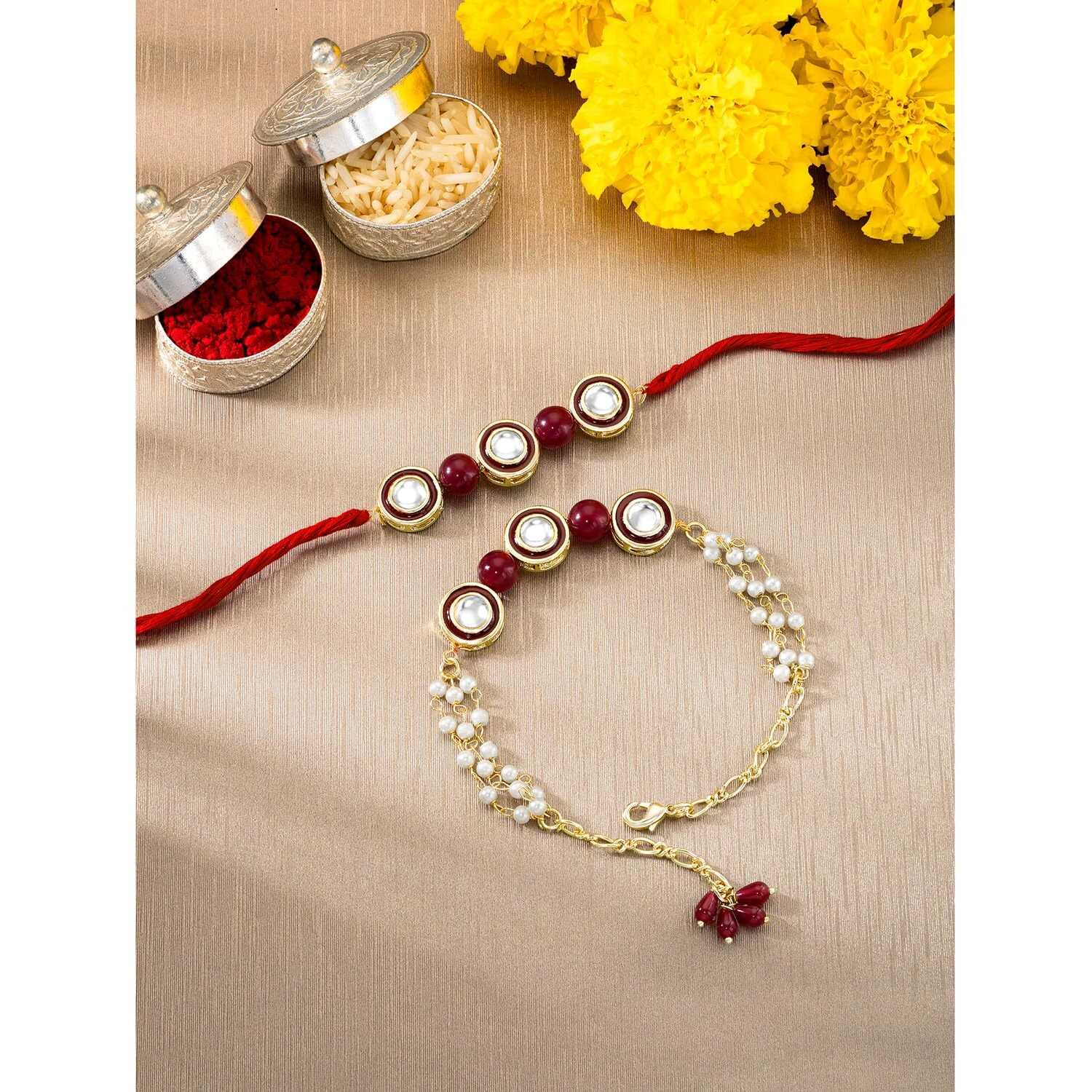 Peora Traditional Legacy of Rakshabandhan with Kundan Rakhi for Bhaiya Bhabhi, for Brother & Sister in Law, Maroon Set of 2