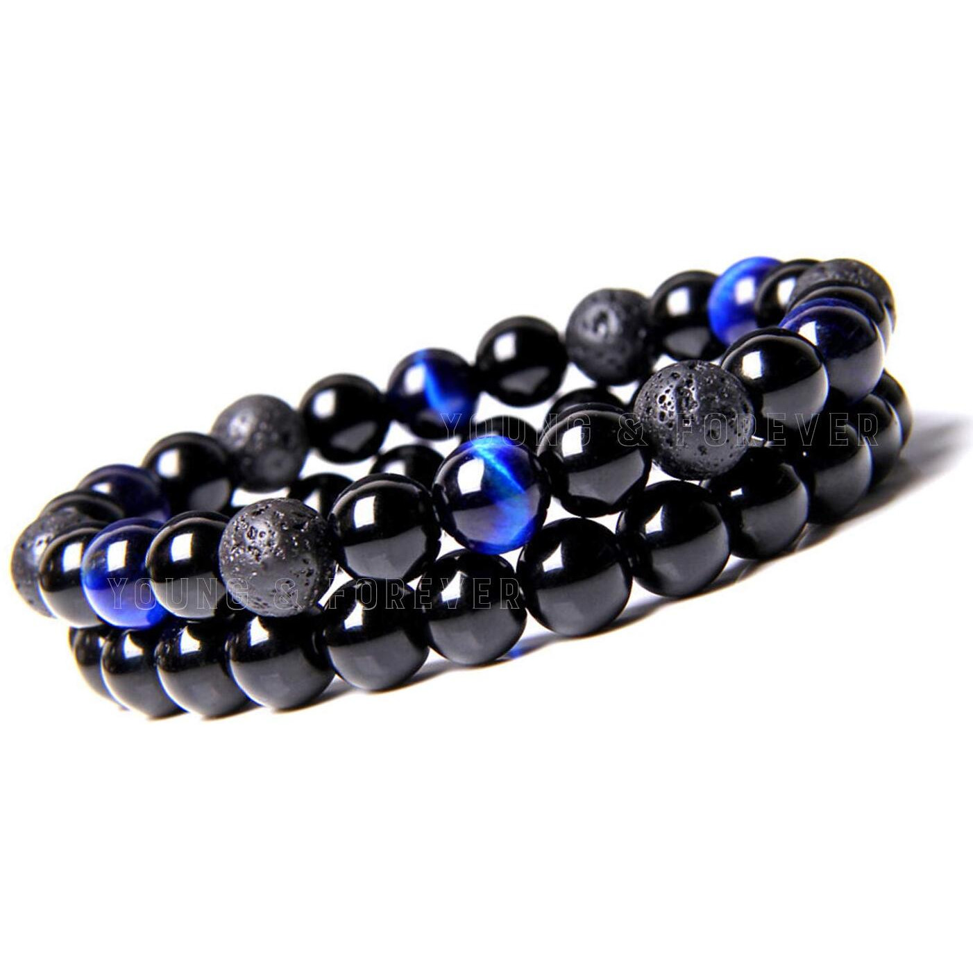 Young & Forever Gift Rakhi Gift for Brother Reiki Infused Handmade Chakra Bracelets Semi Precious Gemstone Blue Tiger Eye Onyx Lava Healing Crystal 8mm Round Beads Stretch Bracelet 7 Unisex Pack of 2
