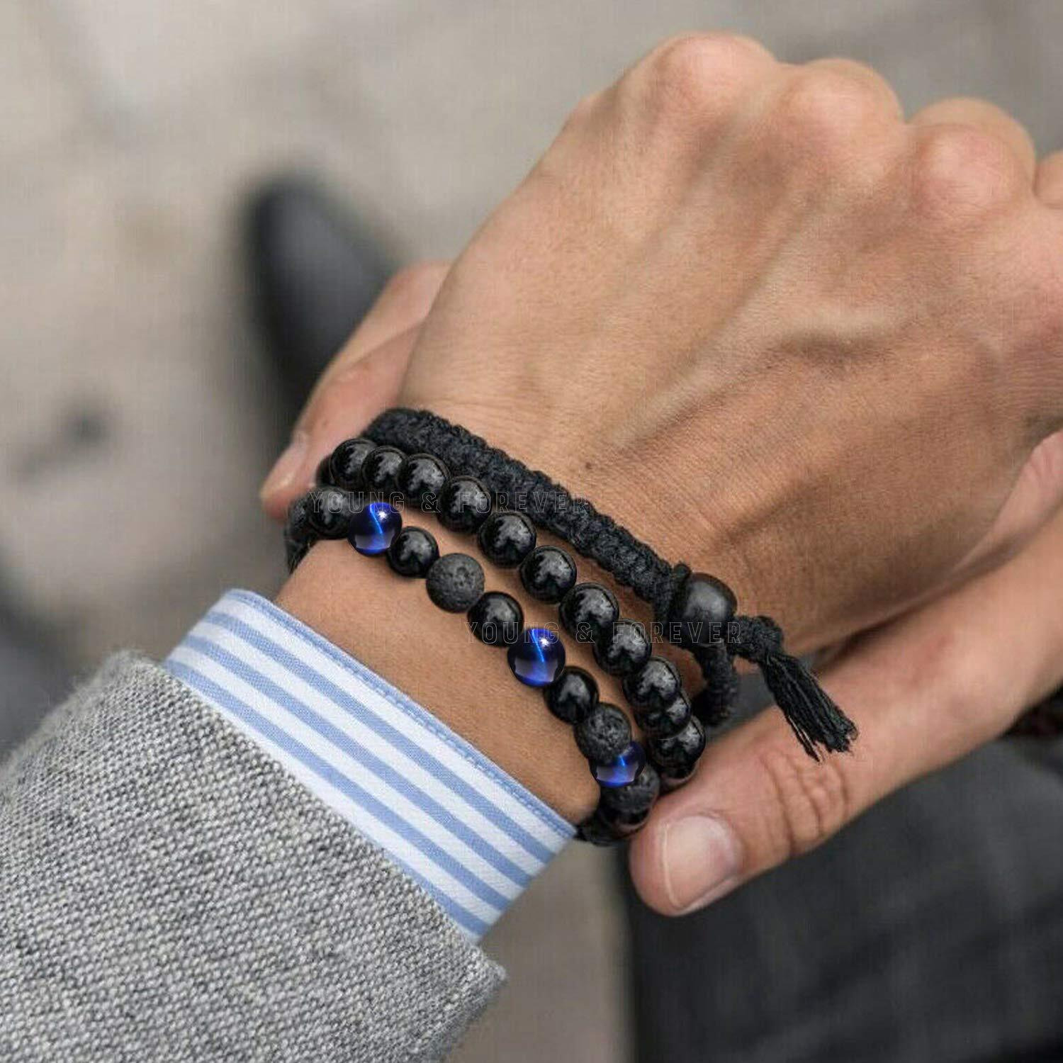 Young & Forever Gift Rakhi Gift for Brother Reiki Infused Handmade Chakra Bracelets Semi Precious Gemstone Blue Tiger Eye Onyx Lava Healing Crystal 8mm Round Beads Stretch Bracelet 7 Unisex Pack of 2