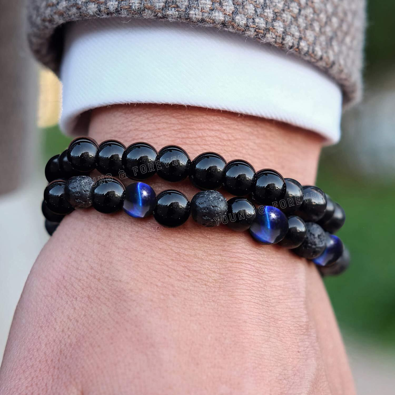 Young & Forever Gift Rakhi Gift for Brother Reiki Infused Handmade Chakra Bracelets Semi Precious Gemstone Blue Tiger Eye Onyx Lava Healing Crystal 8mm Round Beads Stretch Bracelet 7 Unisex Pack of 2