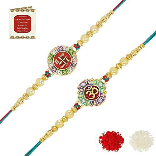 Riddhika Ventures Fabulous Gold Plated Meenakari Rakhi (Set of 2) with Roli Chawal and Greeting Card (P4P5)