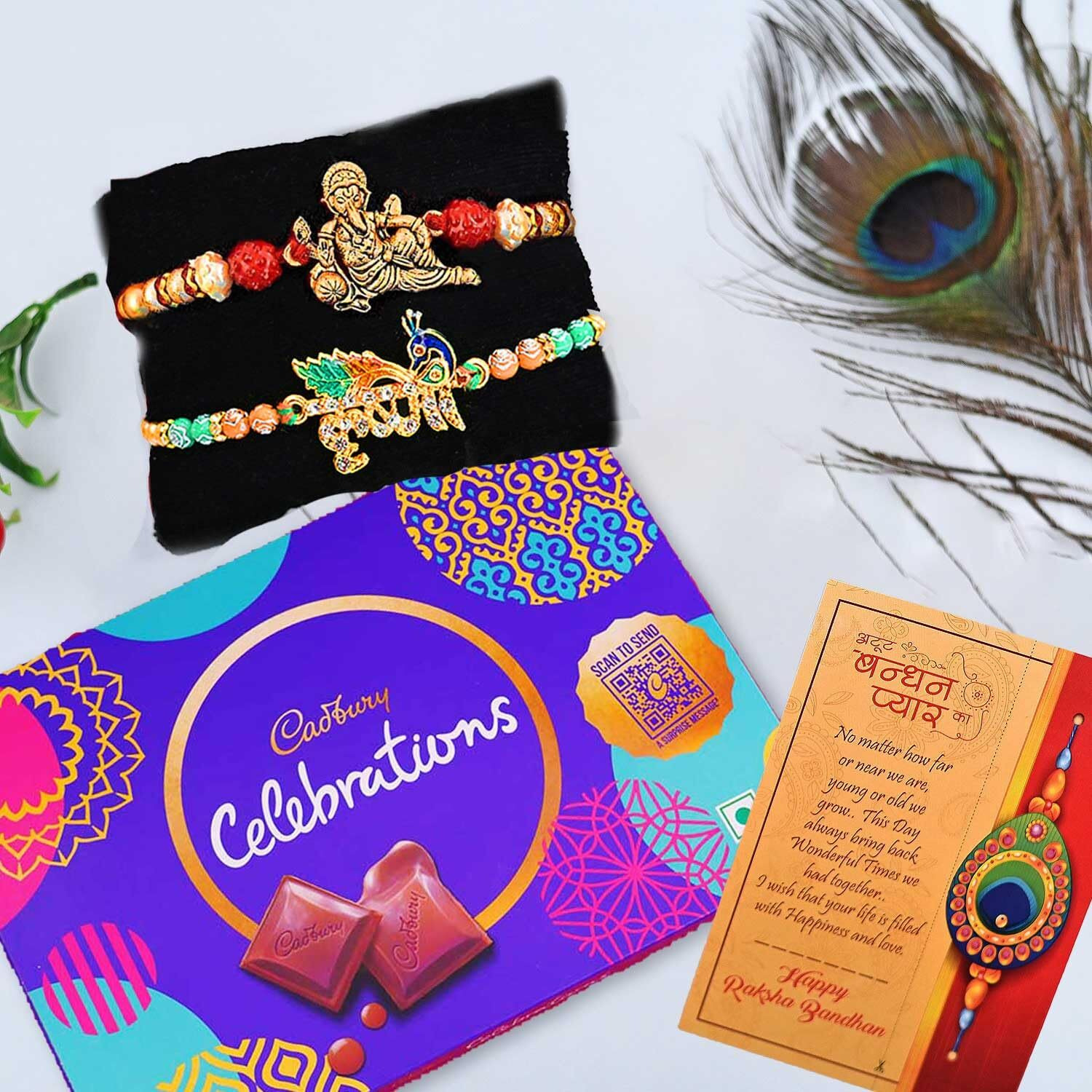 Set of 2 Rakhi For Brother With Chocolate Combo, Gift for Brother, Rakhi Gift Hamper/Ganesha Rakhi Krishna Rakhi for Bhaiya/Bhai/Bro with Cadbury Celebration Chocolate Pack Pair Couple Rakhi