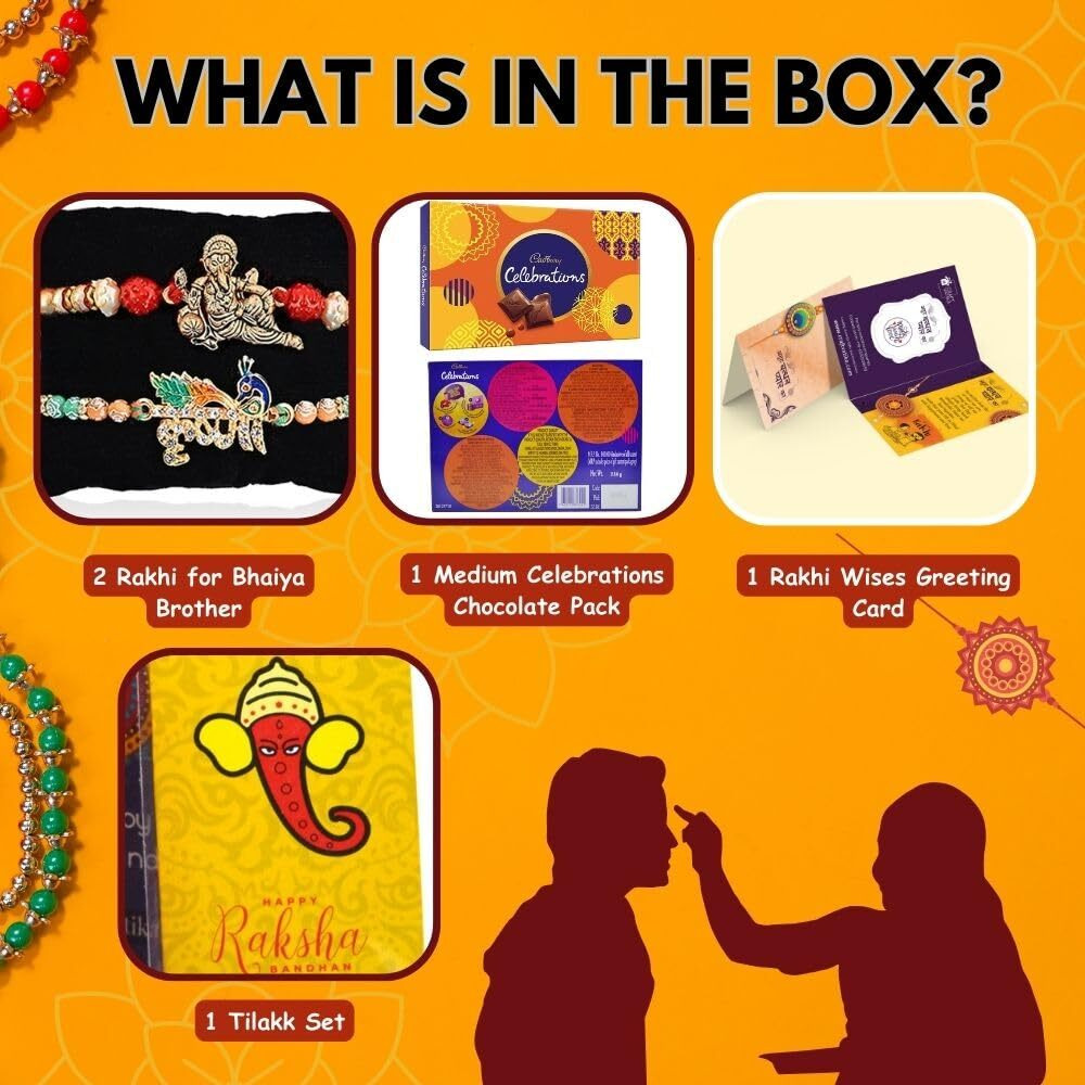 Set of 2 Rakhi For Brother With Chocolate Combo, Gift for Brother, Rakhi Gift Hamper/Ganesha Rakhi Krishna Rakhi for Bhaiya/Bhai/Bro with Cadbury Celebration Chocolate Pack Pair Couple Rakhi