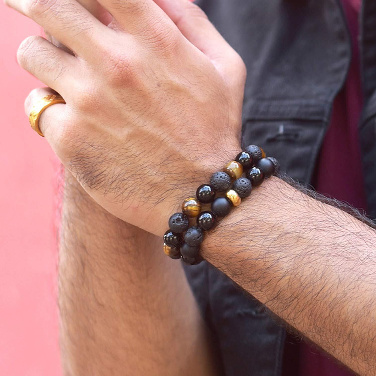 Young & Forever Gift Rakhi Gift for Brother Reiki Infused Handmade Chakra Bracelets for Women Lava Stone Semi Precious Gemstone Tiger Eye Matt Onyx Healing Crystal Bracelet for Men Value Pack of 2