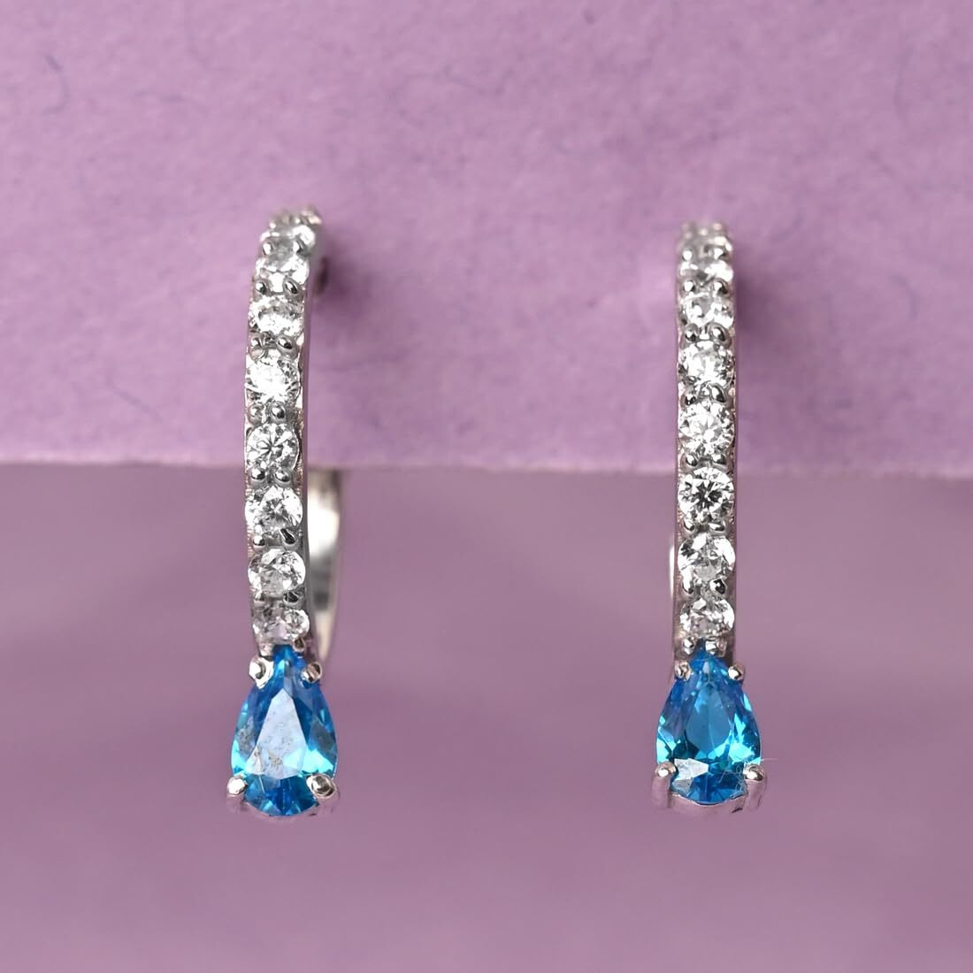 CLARA 925 Sterling Silver Sky Blue Hoop Bali Earrings | Rhodium Plated, Swiss Zirconia | Rakhi Rakshabandhan Gift for Sister Bhabhi| Gift for Women & Girls
