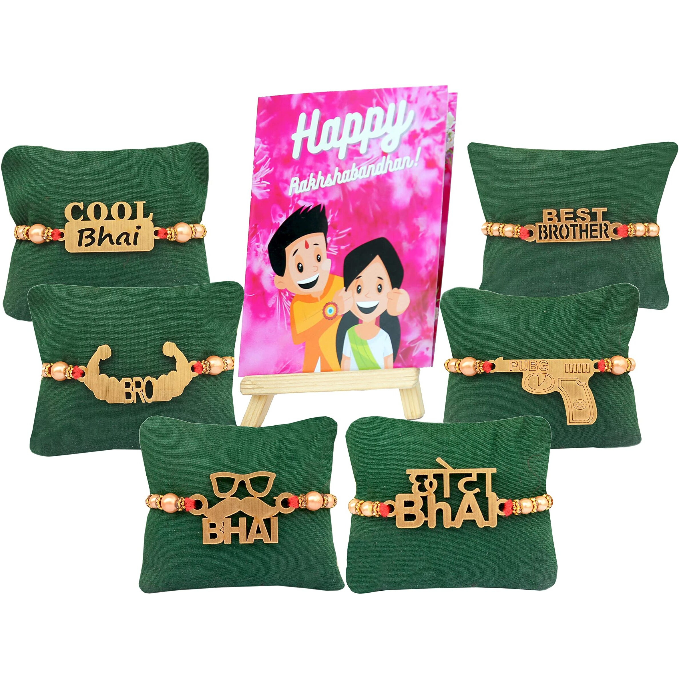 CLUZE Quirky Designer Rakhi for Brother set of 6 with Rakshabandhan Greeting Crad Gift - Kids Rakhi Combo