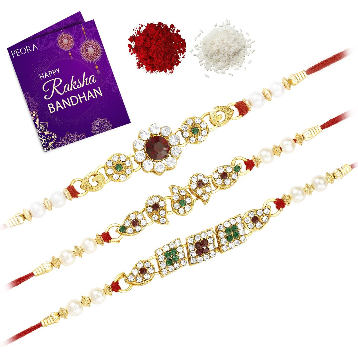 Peora Men Thread Rakhi For Brother Kundan Beads Beautiful Raksha Bandhan Rakhi With Chawal Roli Greeting Card (Combo Pack Of - 3)