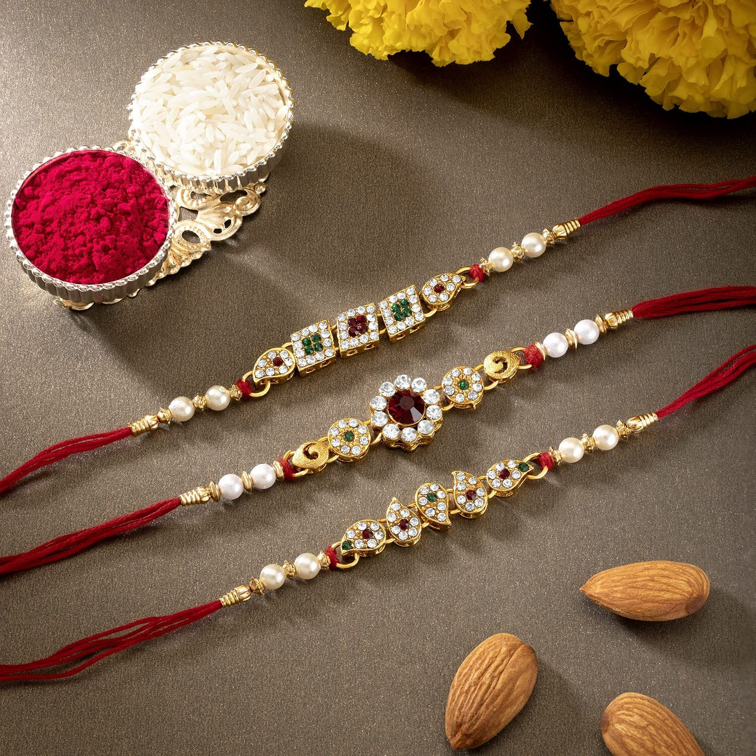 Peora Men Thread Rakhi For Brother Kundan Beads Beautiful Raksha Bandhan Rakhi With Chawal Roli Greeting Card (Combo Pack Of - 3)