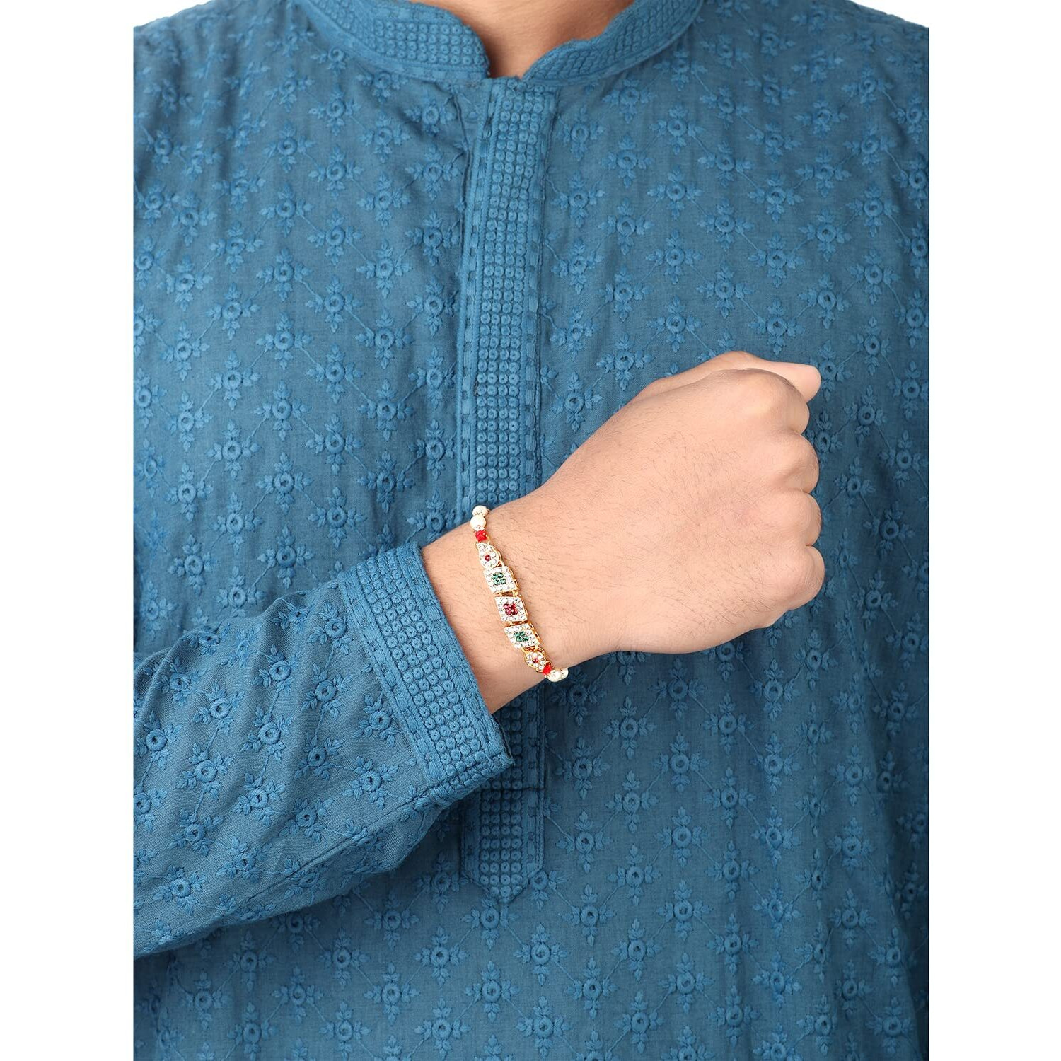 Peora Men Thread Rakhi For Brother Kundan Beads Beautiful Raksha Bandhan Rakhi With Chawal Roli Greeting Card (Combo Pack Of - 3)