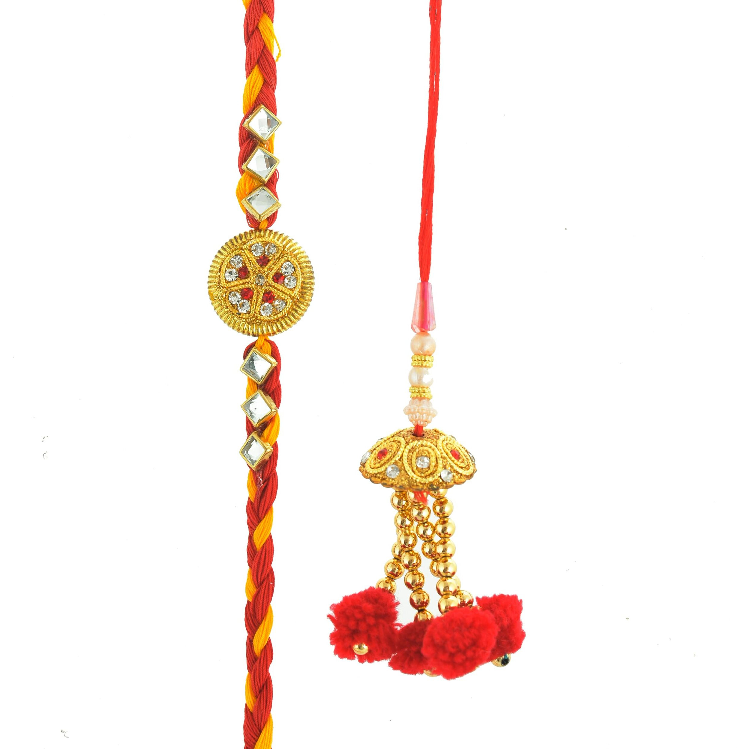 INDI ART RAKHI SET for BHAIYA and BHABHI JI - LAKH RAKHI SET for BHAIYA and BHABHI JI - DORE SET for RAKHI (Set of 2) - Prime