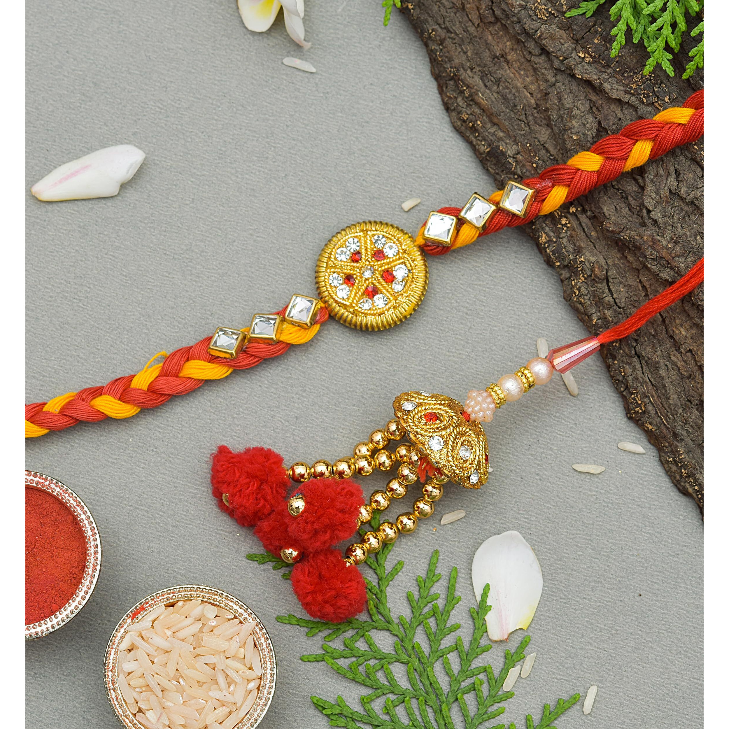INDI ART RAKHI SET for BHAIYA and BHABHI JI - LAKH RAKHI SET for BHAIYA and BHABHI JI - DORE SET for RAKHI (Set of 2) - Prime