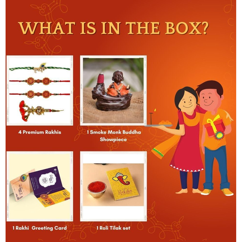 Collectible India Rakhi Gifts for Brother Combo Set - Rakshabandhan Gift for Brother - Monk Buddha Smoke Backflow Cone Incense Showpiece, Rudraksh Rakhi, Krishna Rakhi, Lumba Rakhi, Greeting Card