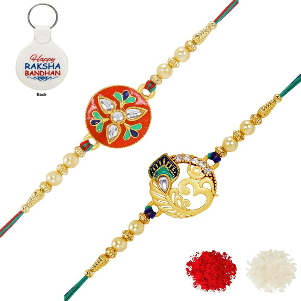 Riddhika Ventures Religious Meenakari Om and Stylish Kundan Rakhi (Set of 2) with Roli Chawal, Greeting Card and and One Motivational Keychain (P2P3K)