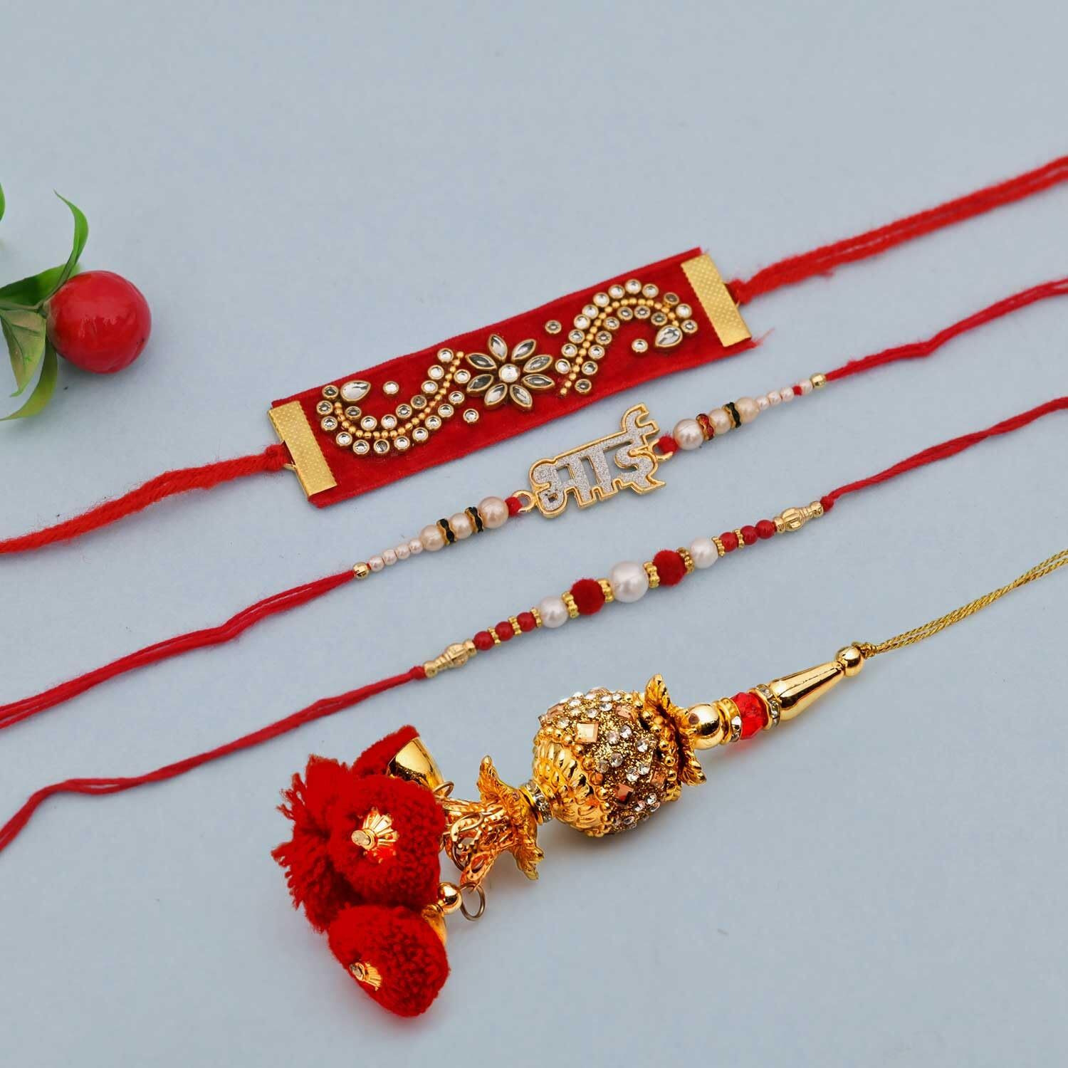 CraftVatika Premium Kundan Rakhi Set of 4 with Cadbury Celebration Chocolates Gift Pack Box, Set of 4 Rakhis For Bhaiya Bhabhi Kwith Rakshabandhan Greeting Card,Lumba Rakhi for Bhabhi