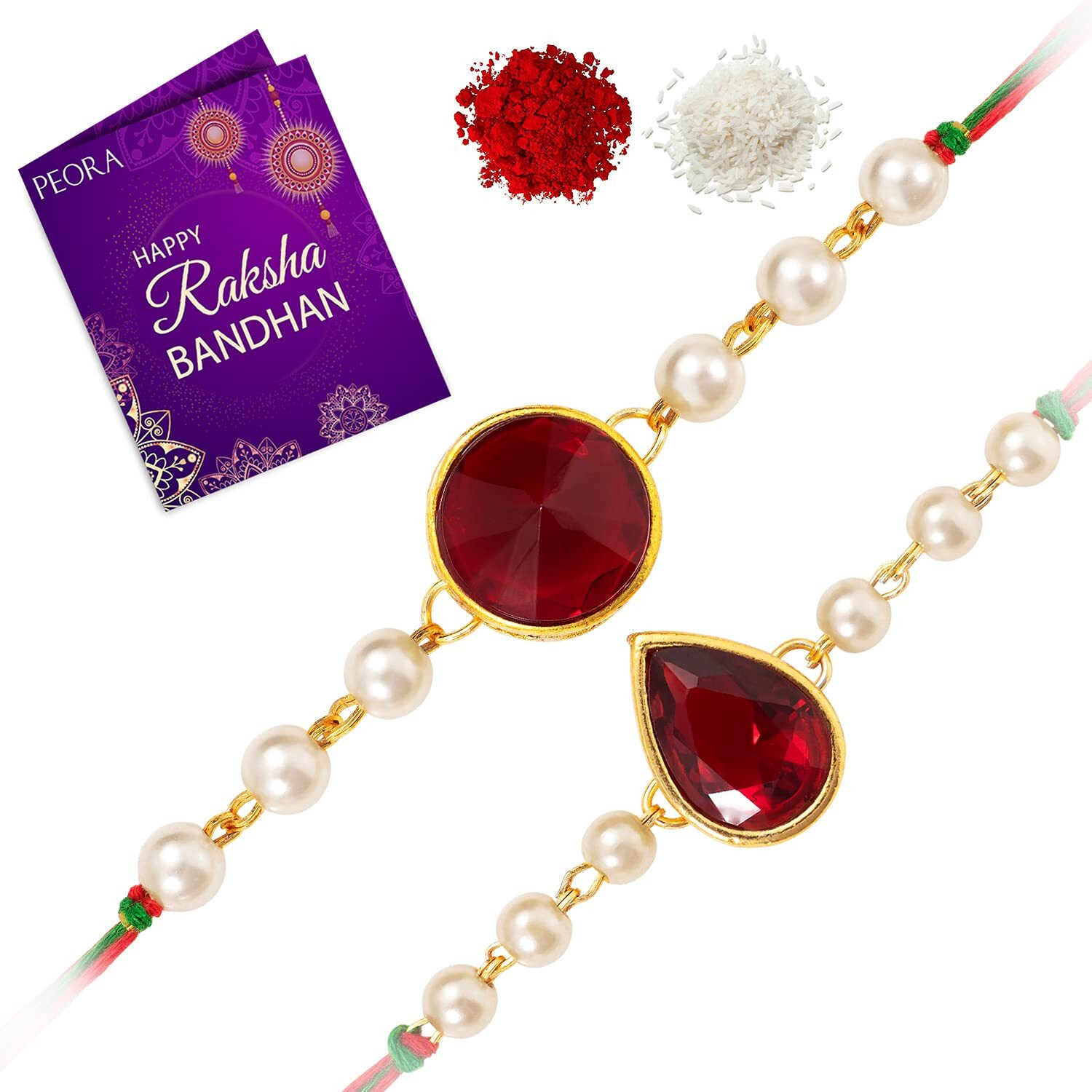 Peora Men Crystal Stone & Pearl Beads Rakhi For Brother Combo Set Of 2 With Raksha Bandhan Greeting Card & Roli Chawal