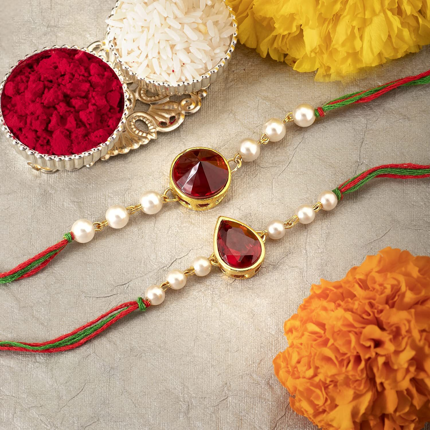 Peora Men Crystal Stone & Pearl Beads Rakhi For Brother Combo Set Of 2 With Raksha Bandhan Greeting Card & Roli Chawal