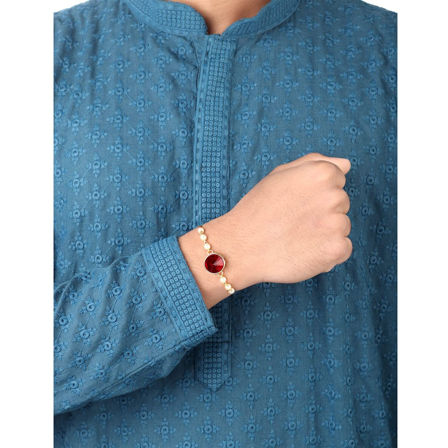 Peora Men Crystal Stone & Pearl Beads Rakhi For Brother Combo Set Of 2 With Raksha Bandhan Greeting Card & Roli Chawal