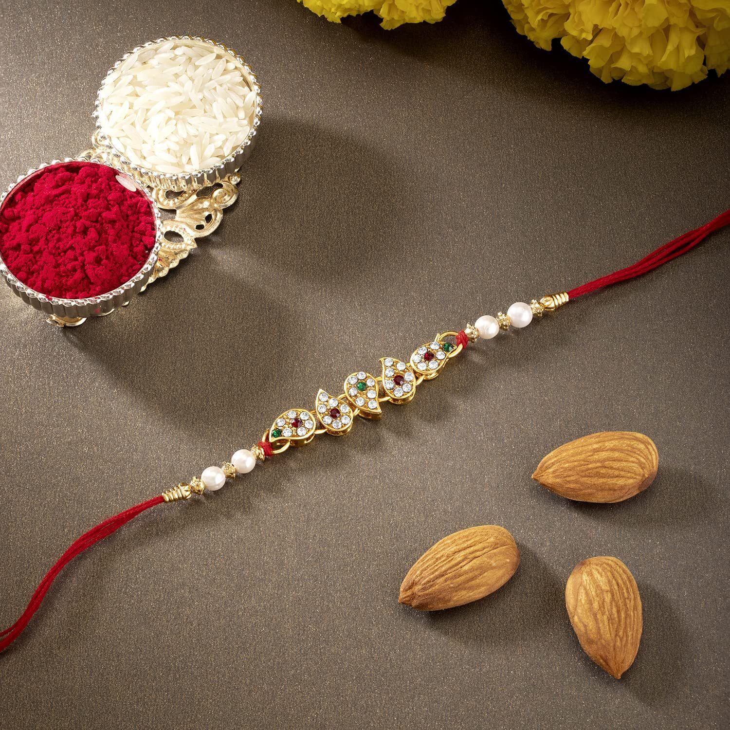 Peora Traditional Legacy of Rakshabandhan with Stones & Kundan Rakhi for Brother, Green & Red, Single Rakhi