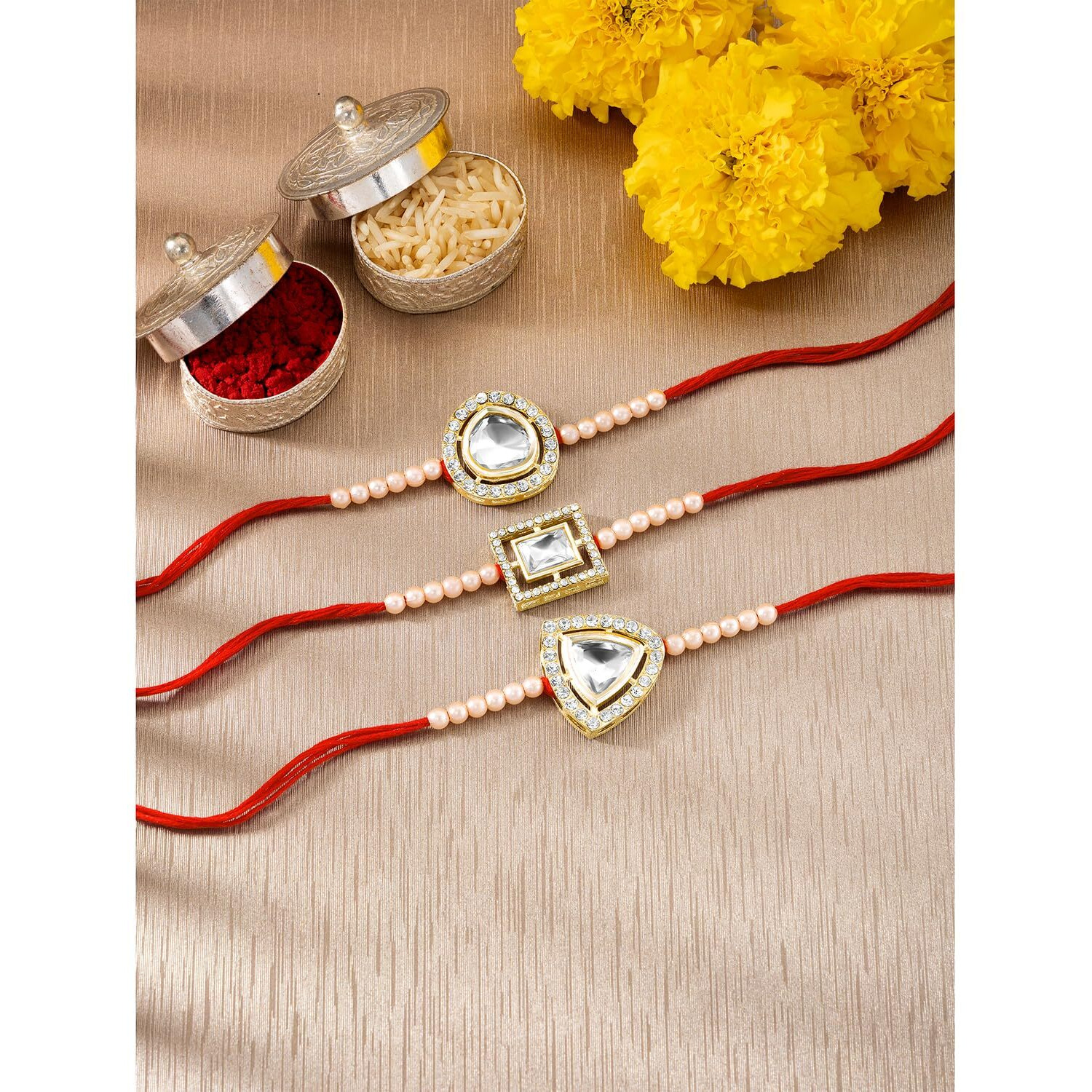 Peora Traditional Legacy of Rakshabandhan with Kundan & Pearl Rakhi for Brother, White Set of 3